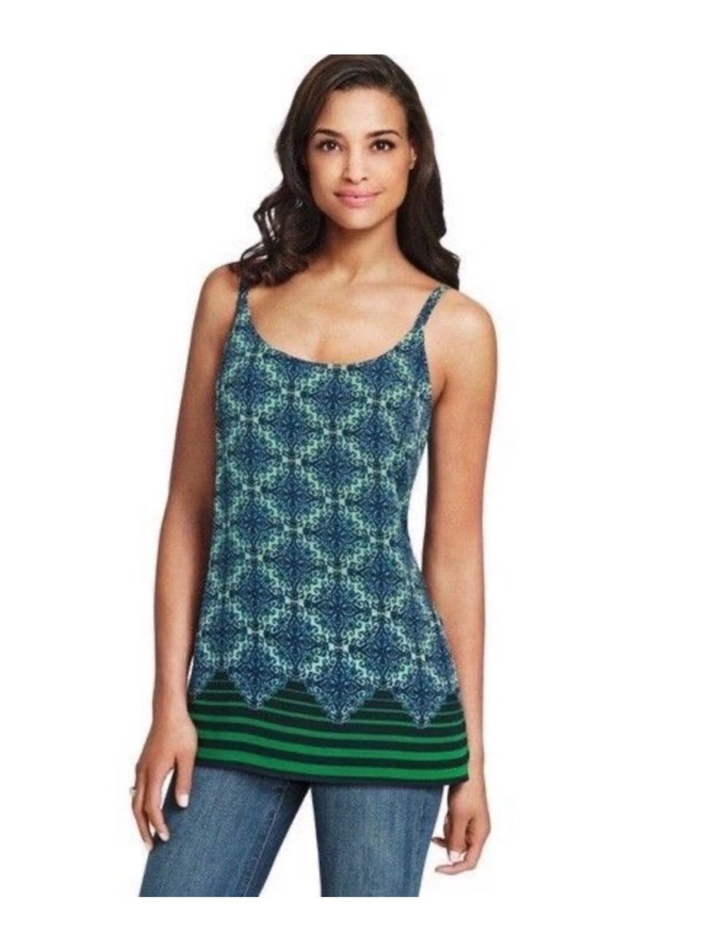Cabi Tank Top Sz M Style #107 Blue Aqua & Green Mosaic Border Stripe Cami - Picture 2 of 6